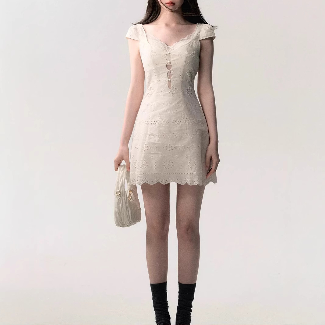 / "Pulsive Time" cream white simple slim lace splicing dress for women in summer texture - Image 6