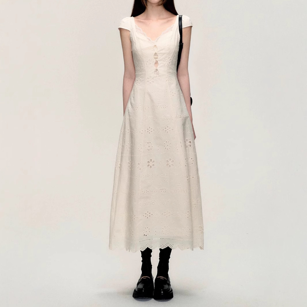 / "Pulsive Time" cream white simple slim lace splicing dress for women in summer texture - Image 7