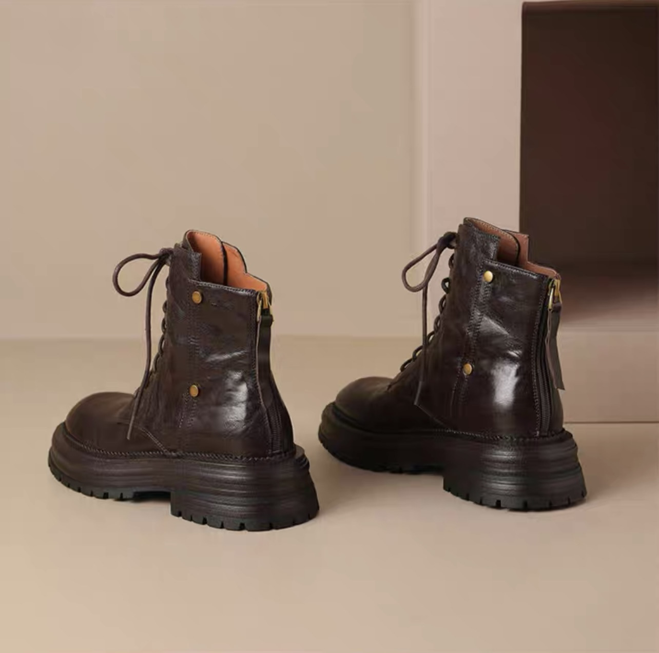 French retro simple brown thick-soled lace-up short boots for women in autumn and winter round toe British style Martin boots trend - Image 3