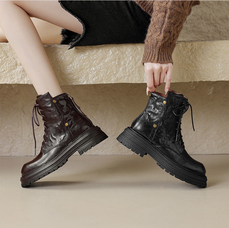 French retro simple brown thick-soled lace-up short boots for women in autumn and winter round toe British style Martin boots trend - Image 4