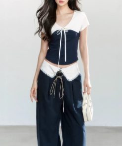 Original design summer loose casual versatile thin shirt hidden blue spliced ​​top