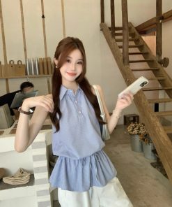 Real photos of summer Korean temperament plaid shirt top drawstring slimming and reducing age-reducing versatile loose-edged vest for women