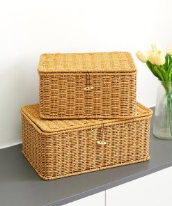 Japanese-style plastic imitation rattan woven storage box with lid household storage basket desktop storage box hand-woven accessories box