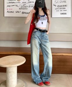 Real shot American retro hot girl loose slim jeans for women with high waist casual versatile wide-leg pants for women