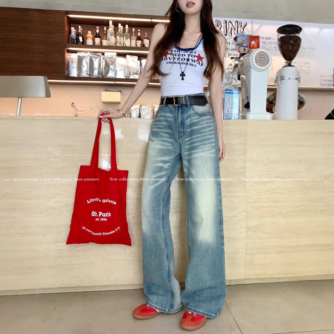 Real shot American retro hot girl loose slim jeans for women with high waist casual versatile wide-leg pants for women - Image 2