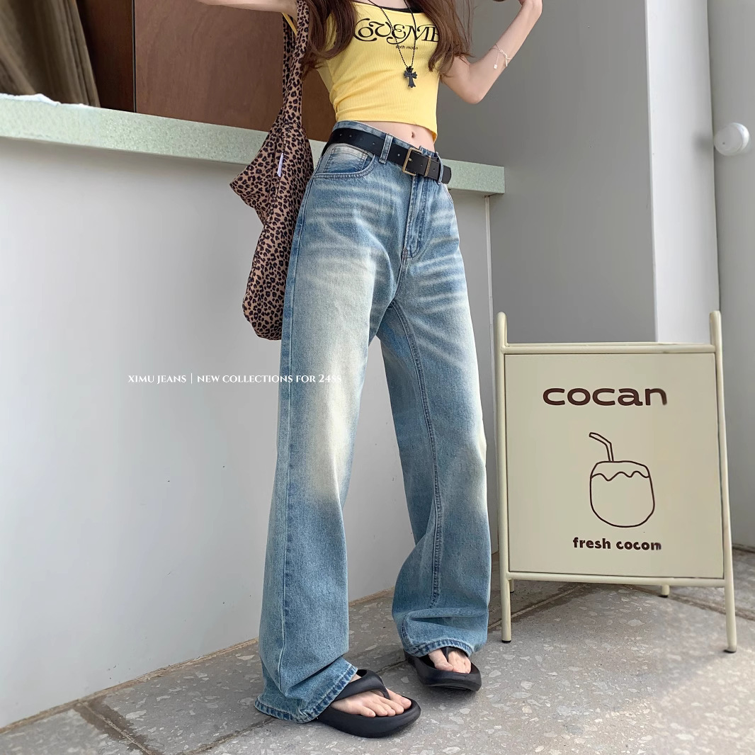 Real shot American retro hot girl loose slim jeans for women with high waist casual versatile wide-leg pants for women - Image 3