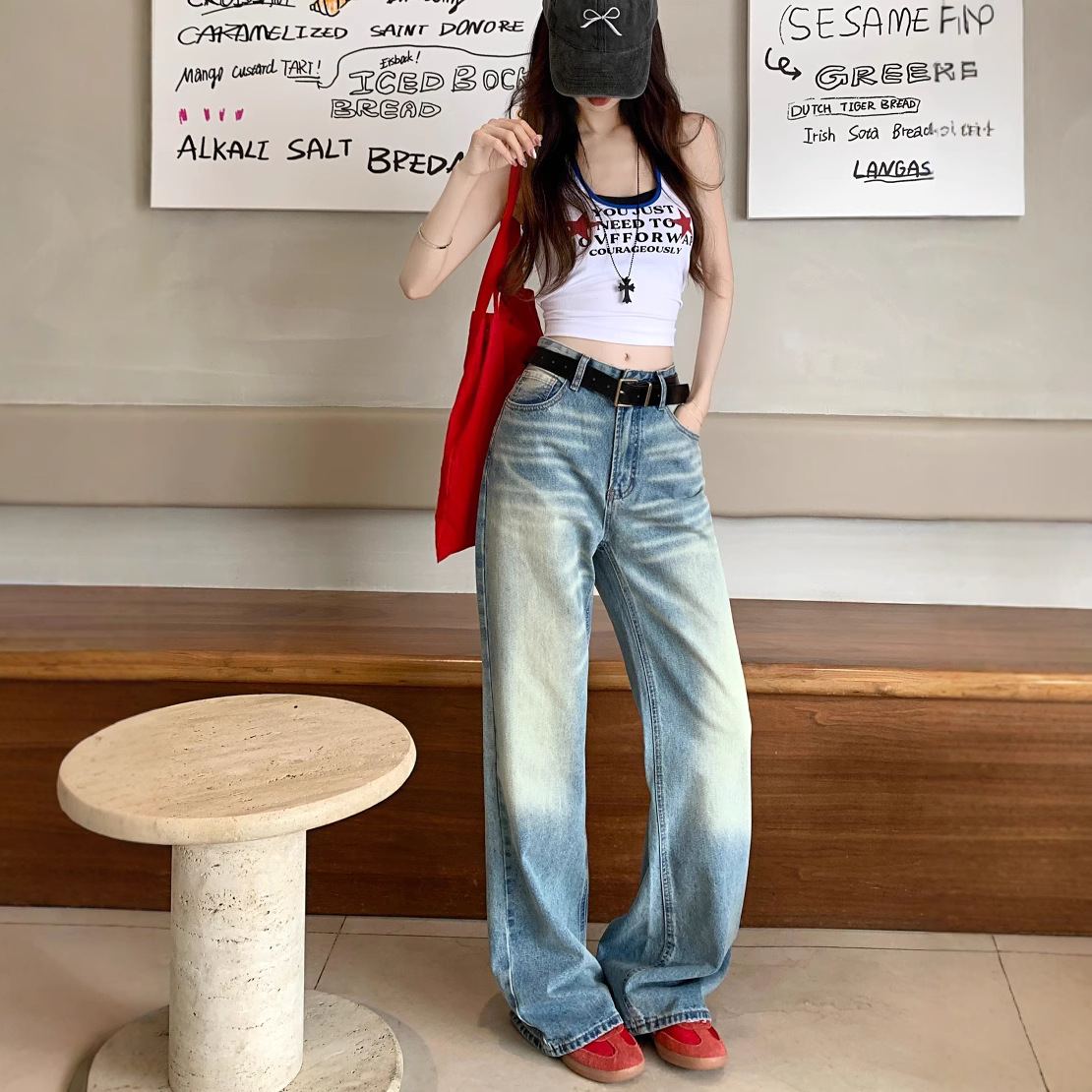 Real shot American retro hot girl loose slim jeans for women with high waist casual versatile wide-leg pants for women - Image 5