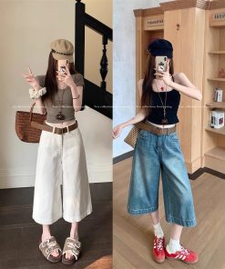Real photo of American retro high street jeans for women in summer design high waist wide-leg cropped pants medium pants
