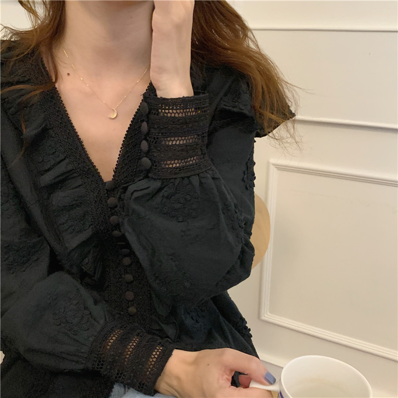 Real photo of embroidered lace spliced long-sleeved shirt for women in spring and summer loose puff sleeve shirt - Image 4