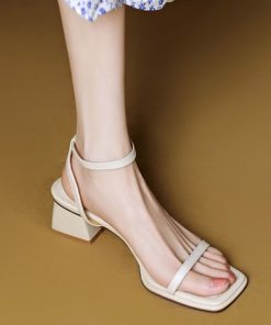 French summer soft leather retro mid-heel simple open toe square toe thick heel fairy sandals for women