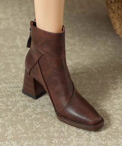 Retro brown soft leather thick heeled boots for women's high heeled Martin boots British style small square toe thin boots