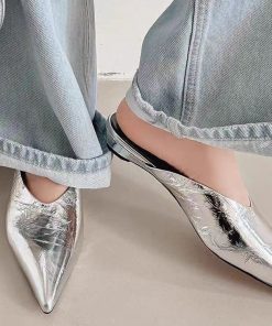 Pointed soft leather low heel comfortable lazy half slippers summer simple temperament sandals fairy style high heels