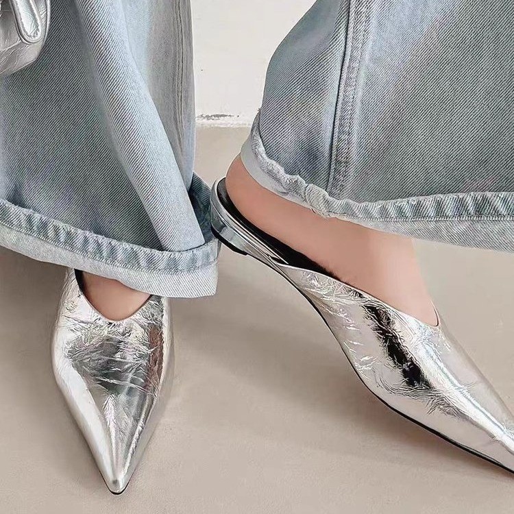 Pointed soft leather low heel comfortable lazy half slippers summer simple temperament sandals fairy style high heels - Image 3