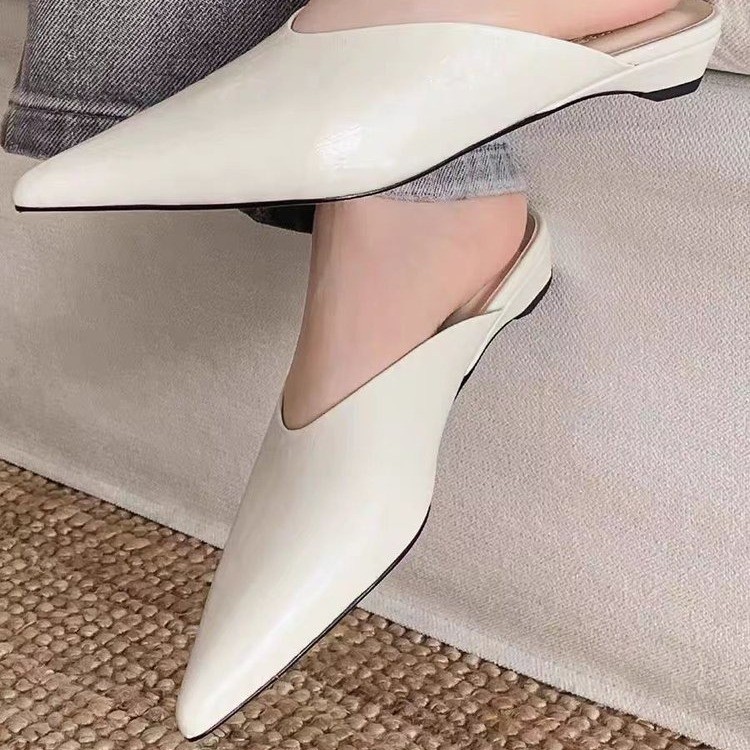 Pointed soft leather low heel comfortable lazy half slippers summer simple temperament sandals fairy style high heels - Image 4