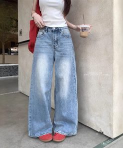 Real shot~Retro washing wide-leg jeans for women in spring high-waisted slimming versatile trousers