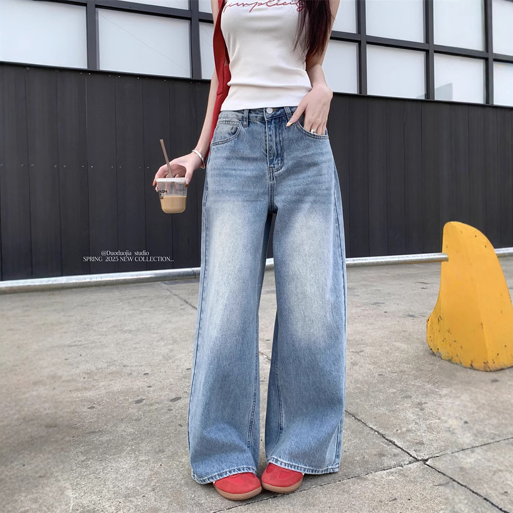 Real shot~Retro washing wide-leg jeans for women in spring high-waisted slimming versatile trousers - Image 3