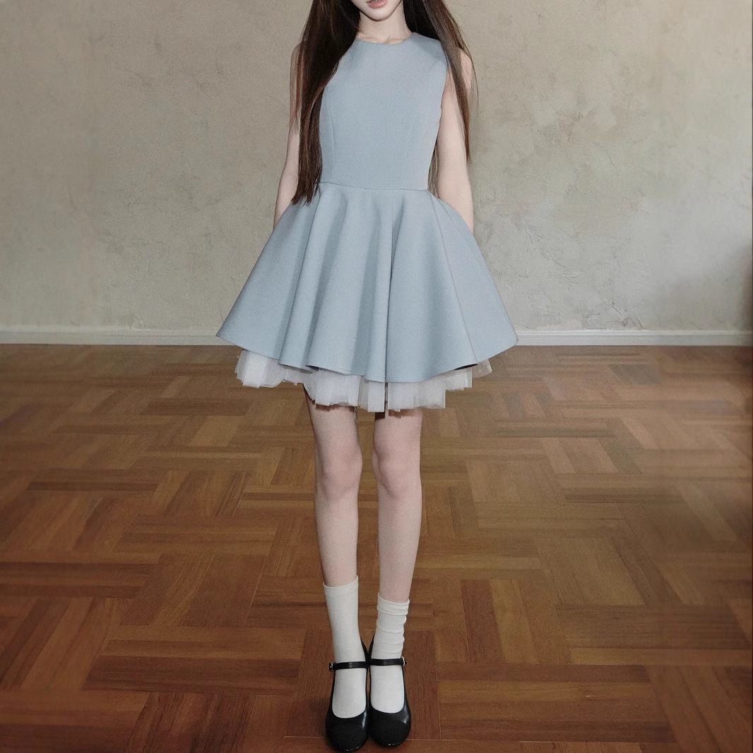 /Contrast color mesh splicing sleeveless French Hepburn dress with temperament waist-hugging fluffy skirt ballet skirt - Image 2