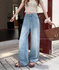 Real shot~ bow embroidered wide-leg jeans for women with high waist loose slim floor trousers