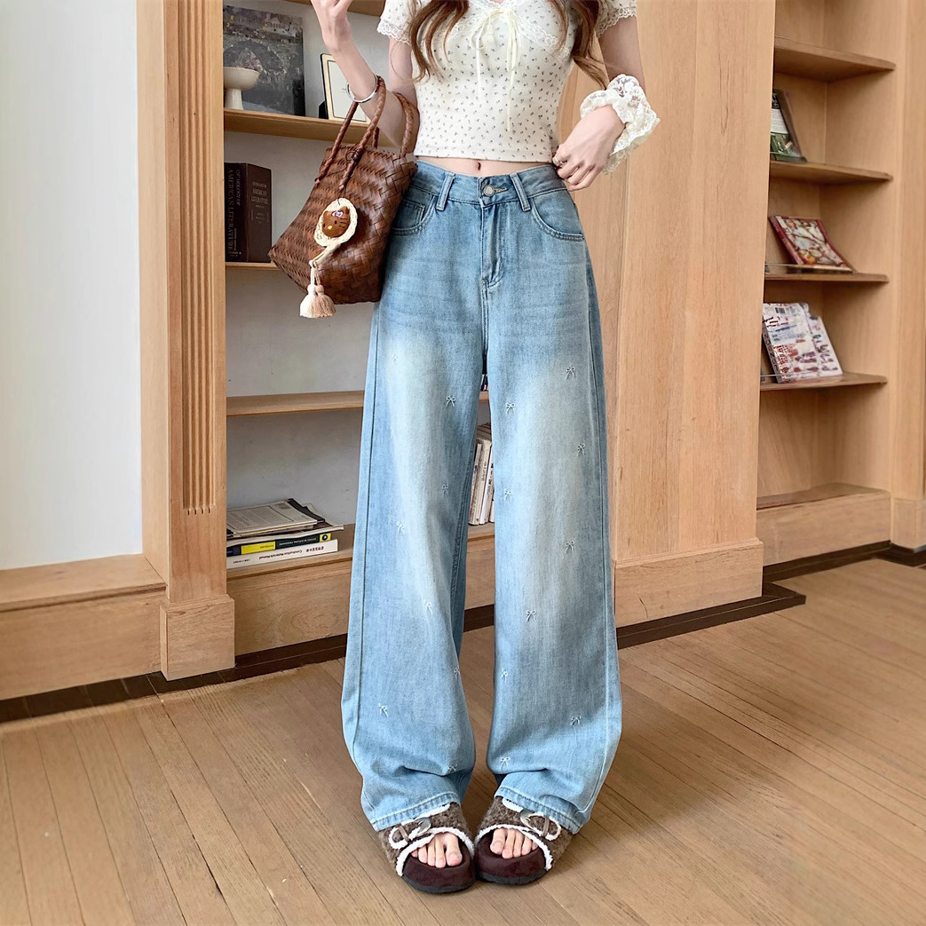 Real shot~ bow embroidered wide-leg jeans for women with high waist loose slim floor trousers - Image 3