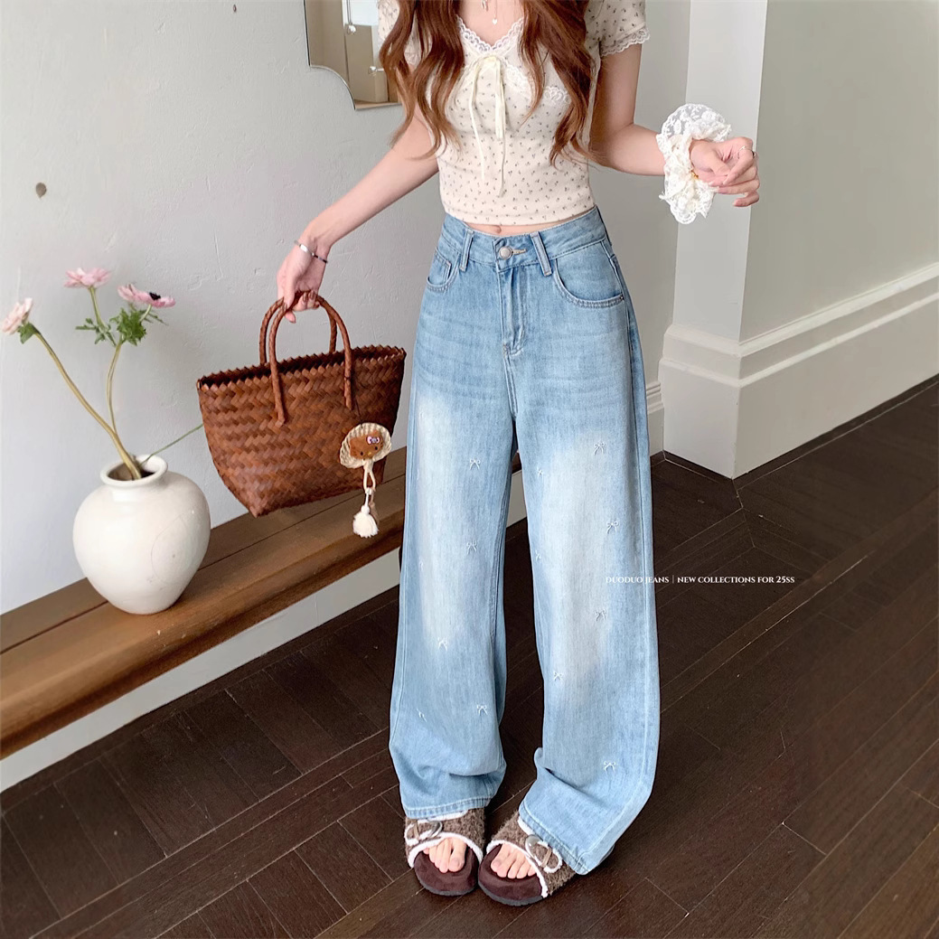 Real shot~ bow embroidered wide-leg jeans for women with high waist loose slim floor trousers - Image 4