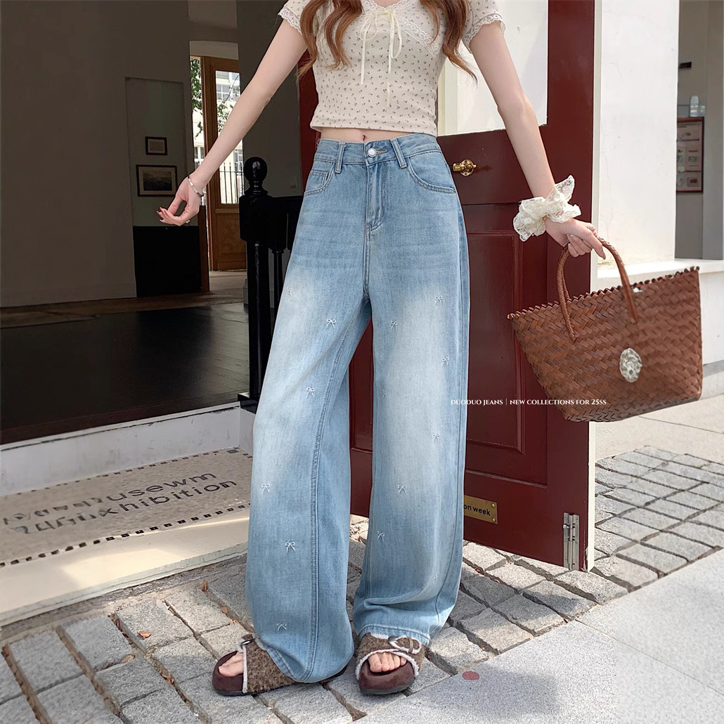 Real shot~ bow embroidered wide-leg jeans for women with high waist loose slim floor trousers - Image 5