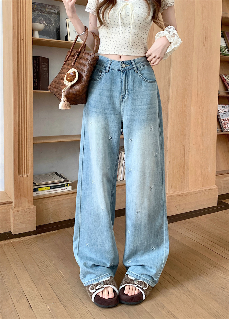 Real shot~ bow embroidered wide-leg jeans for women with high waist loose slim floor trousers - Image 6