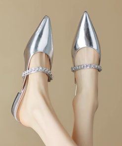 French small fragrant style pointed toe low heel Mueller Baotou semi-drag women wear single-strap silver flat sandals with rhinestones