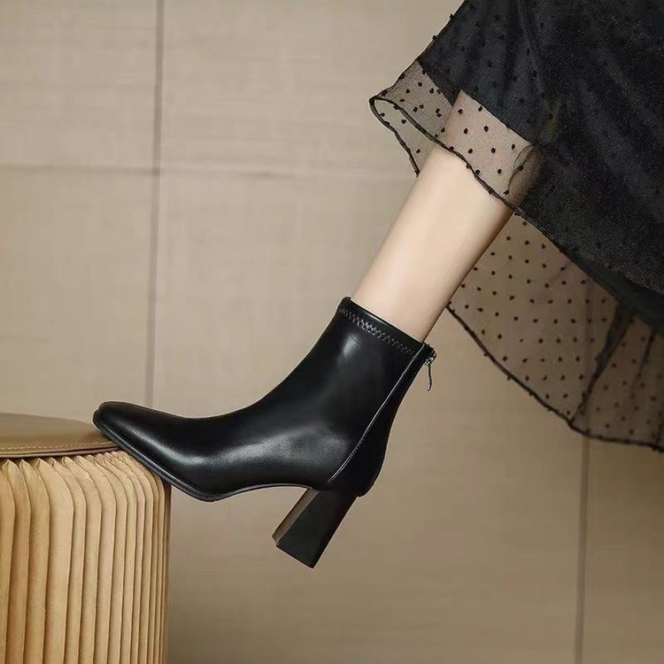 White short boots for women plus fleece this year's popular boots for fashionable square toe thick heel leather boots to make women look slim French high heel boots - Image 4