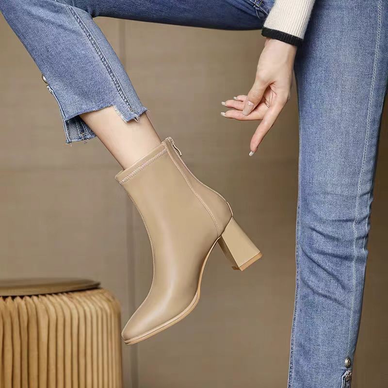 White short boots for women plus fleece this year's popular boots for fashionable square toe thick heel leather boots to make women look slim French high heel boots - Image 8