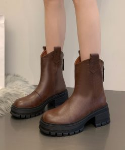Soft leather thick sole zippered boots for women, slim and low-tube British style Martin boots simple retro western boots