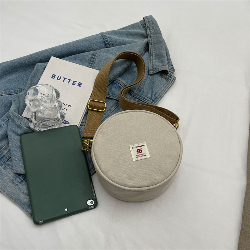 Women's canvas round bag one-shoulder crossbody bag fashionable and fashionable cute retro fashionable versatile round bag - Image 3