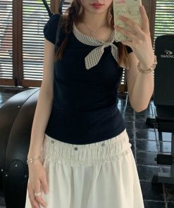 Rabbit ears well-behaved short-sleeved shirt three-color summer slim shoulder top makes you look thin