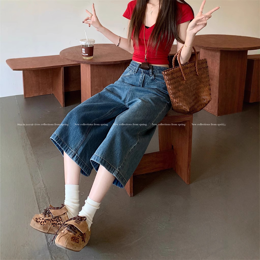 Real shot ~ loose wide-leg 7-cropped jeans for women in summer high waist relaxed lazy windbreaker pants medium pants - Image 2