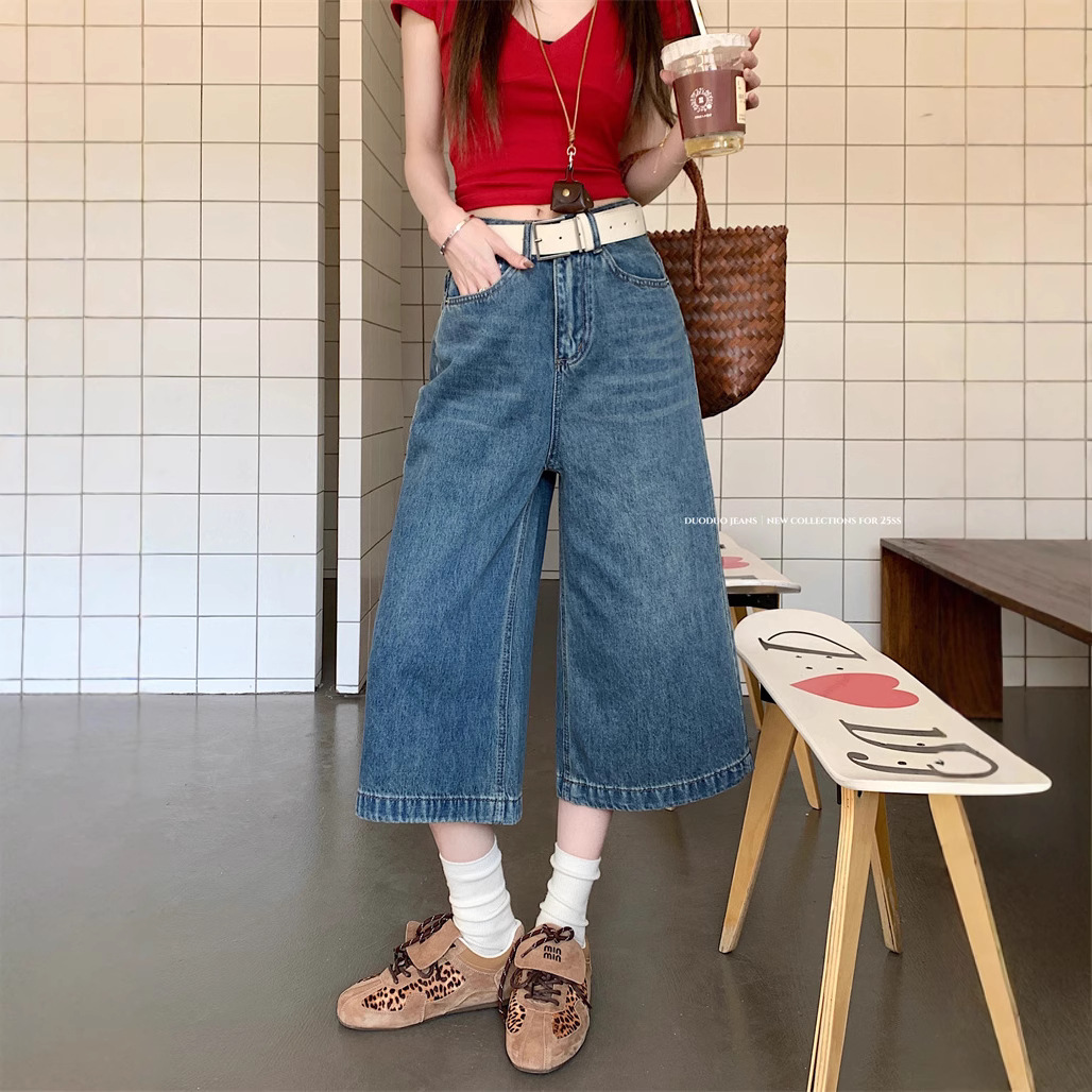 Real shot ~ loose wide-leg 7-cropped jeans for women in summer high waist relaxed lazy windbreaker pants medium pants - Image 3