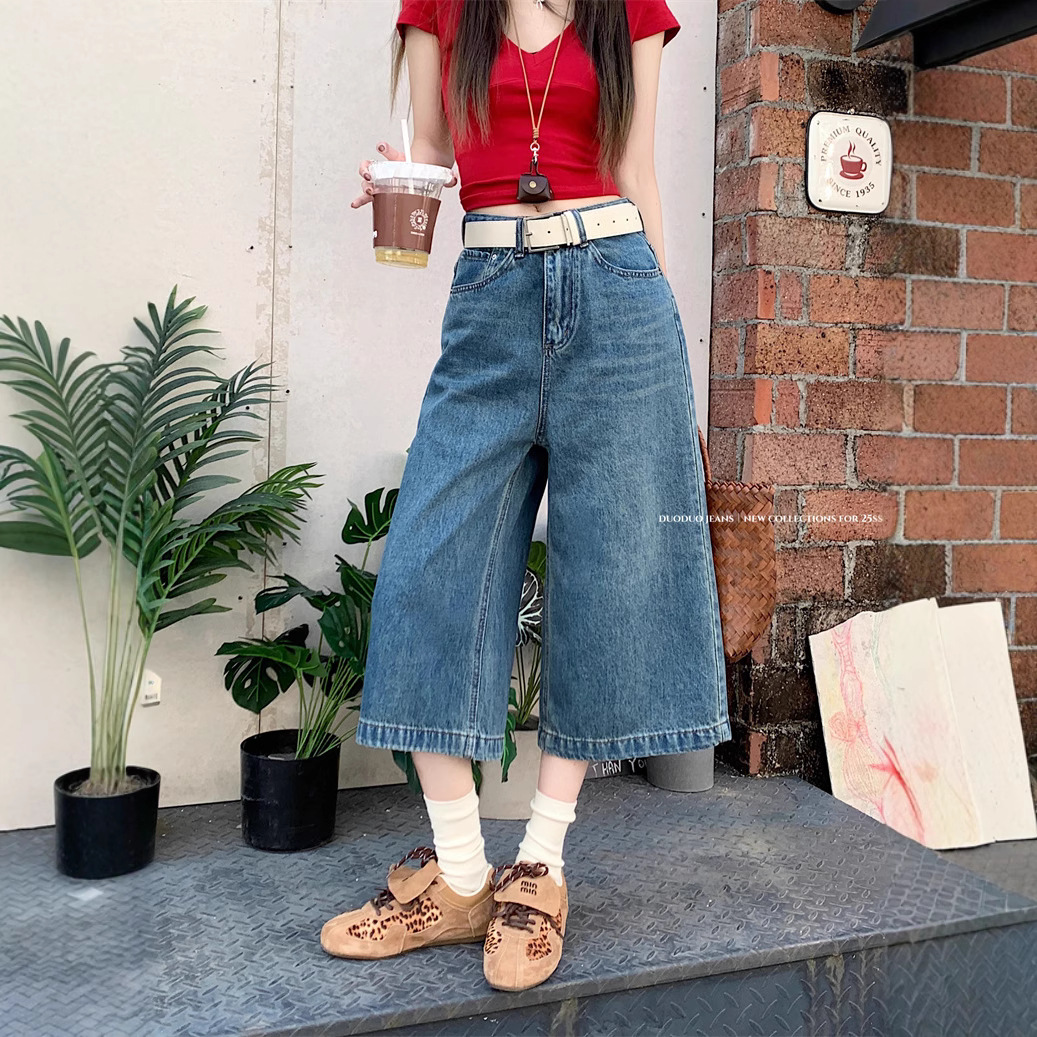 Real shot ~ loose wide-leg 7-cropped jeans for women in summer high waist relaxed lazy windbreaker pants medium pants - Image 4
