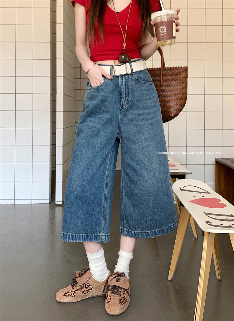 Real shot ~ loose wide-leg 7-cropped jeans for women in summer high waist relaxed lazy windbreaker pants medium pants - Image 7