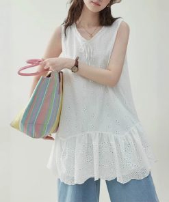 "Original" white small flower pure cotton collar vest dress for women's summer sleeveless lace skirt