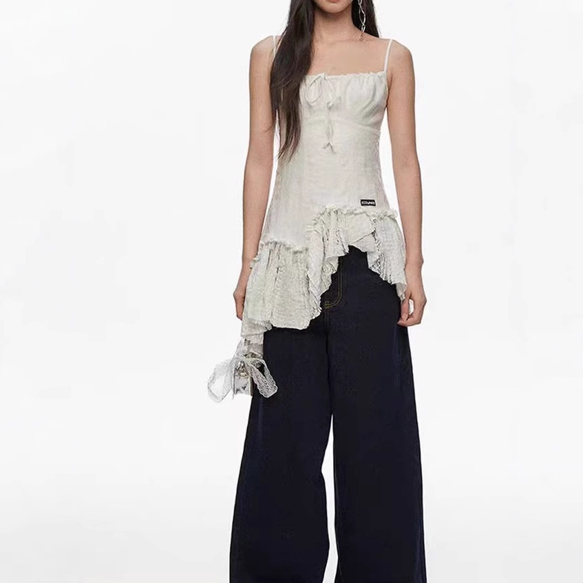 French sweet design sense irregular splicing bow oblique sling dress for women - Image 5