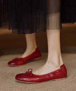 French soft leather comfortable flat ballet red shoes fairy style gentle bow lady literary single shoes