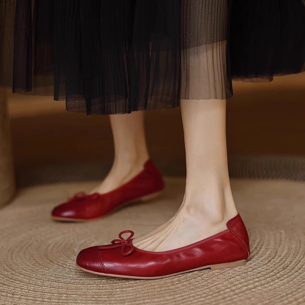 French soft leather comfortable flat ballet red shoes fairy style gentle bow lady literary single shoes