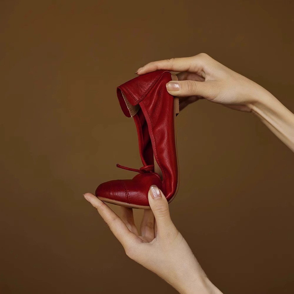 French soft leather comfortable flat ballet red shoes fairy style gentle bow lady literary single shoes - Image 3