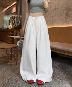 Real-life American white jeans for women in summer high waist loose drooping wide-leg floor trousers