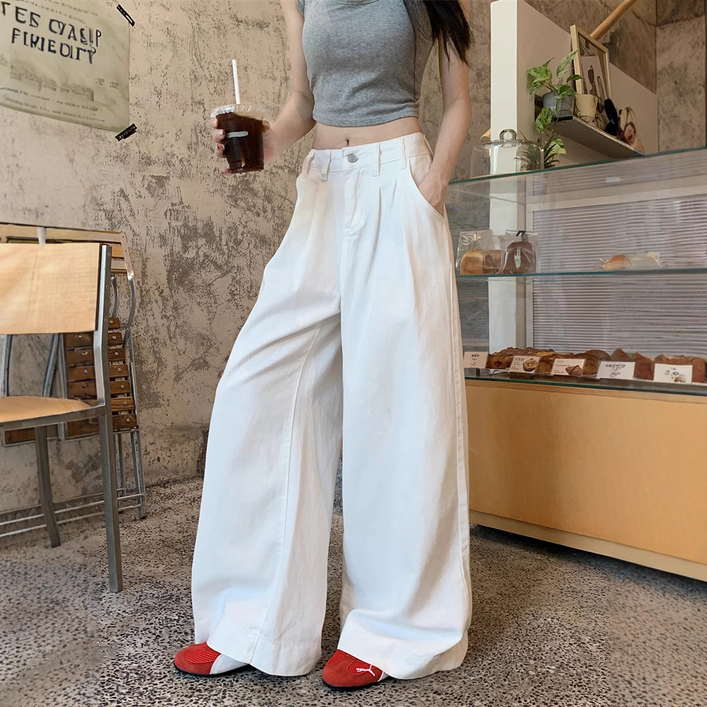 Real-life American white jeans for women in summer high waist loose drooping wide-leg floor trousers - Image 2