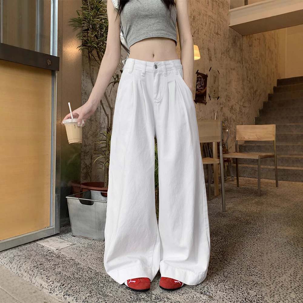 Real-life American white jeans for women in summer high waist loose drooping wide-leg floor trousers - Image 3