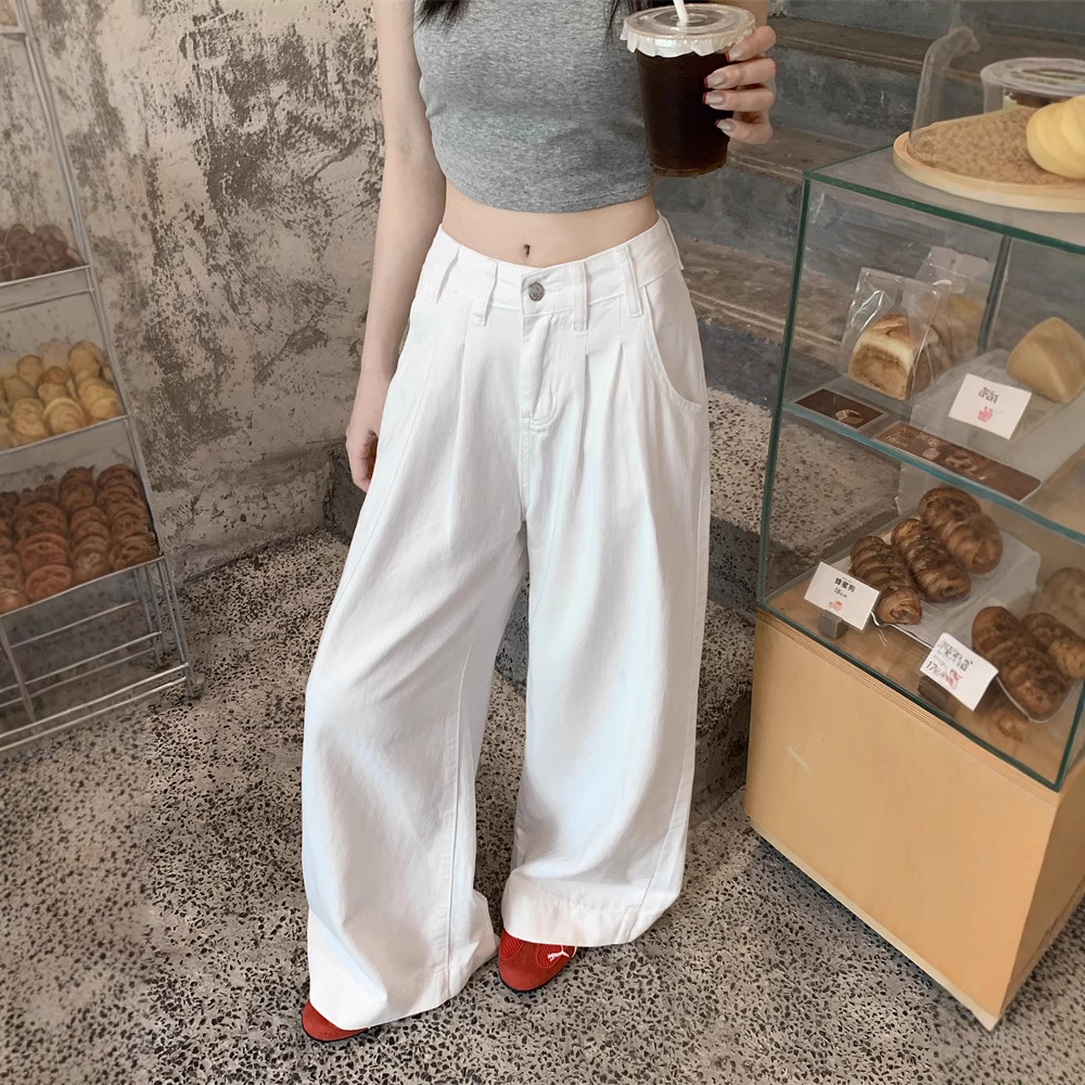 Real-life American white jeans for women in summer high waist loose drooping wide-leg floor trousers - Image 4