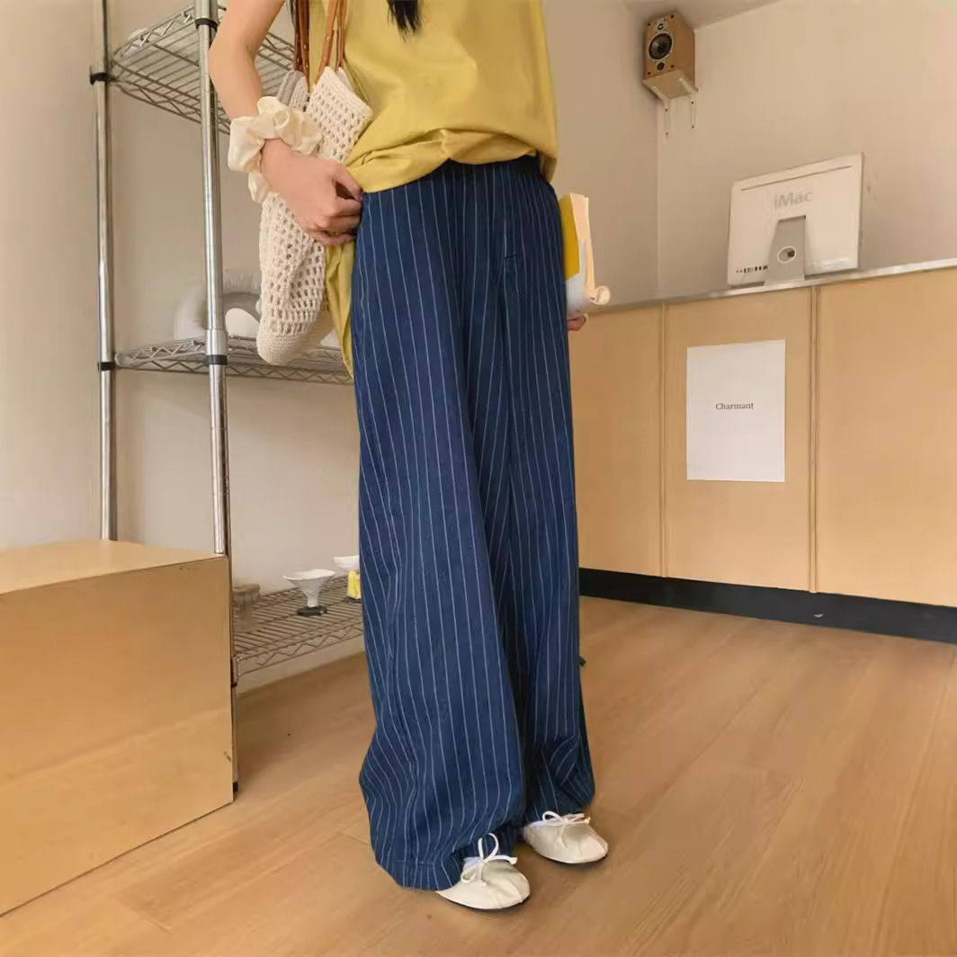 Real shot of loose and slim high waist versatile floor striped jeans for women casual and fashionable floor trousers - Image 3