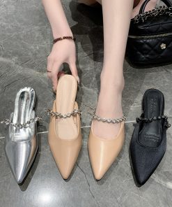Baotou half slippers for women's pointed toe flat rhinestone chain silver mules outside sandals