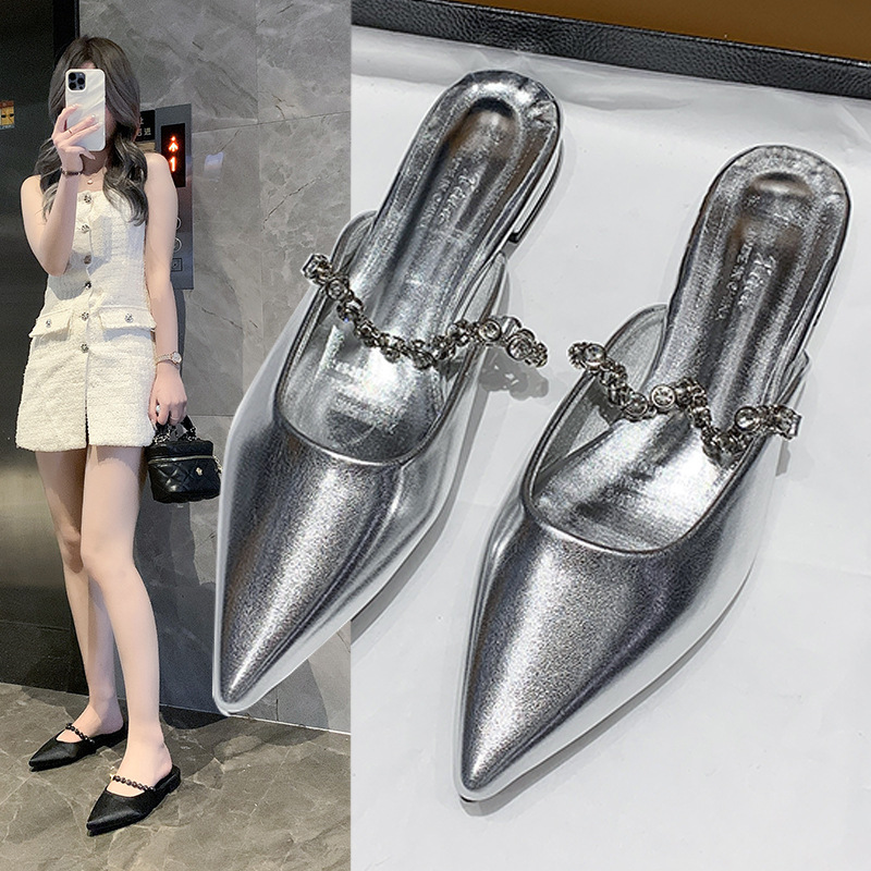 Baotou half slippers for women's pointed toe flat rhinestone chain silver mules outside sandals - Image 2