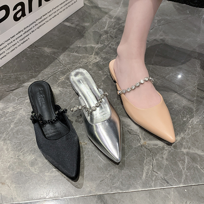 Baotou half slippers for women's pointed toe flat rhinestone chain silver mules outside sandals - Image 3