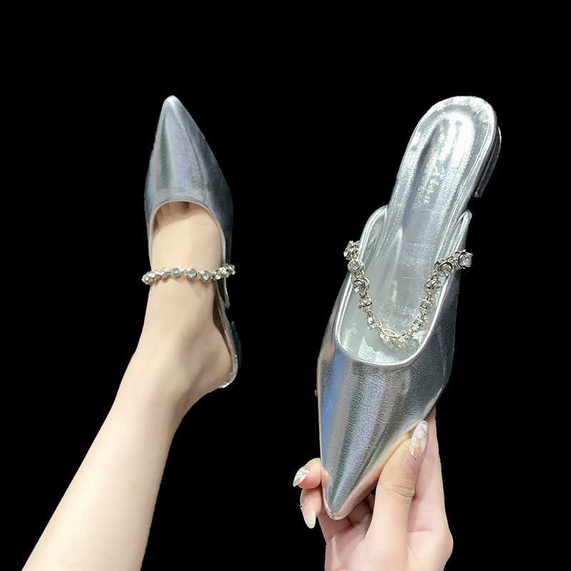 Baotou half slippers for women's pointed toe flat rhinestone chain silver mules outside sandals - Image 4